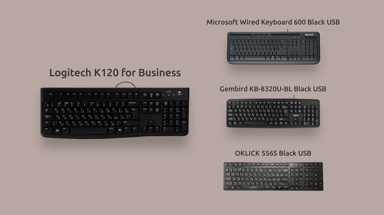 Коллаж из четырёх самых дешевых клавиатур: Logitech K120, Microsoft Wired Keyboard 600, Gembird KB-8320U-BL и OKLICK 556S Black USB
