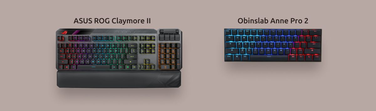 Изображение механических игровых клавиатур, полноразмерной и компактной.