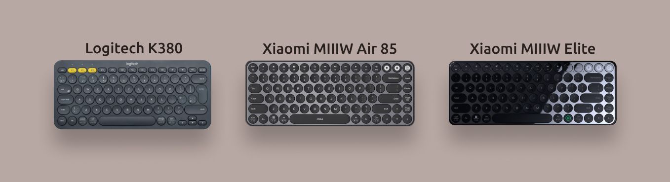 Изображение трёх клавиатур: Logitech K380, Xiaomi mii Air 85 и Xiaomi mii Elite