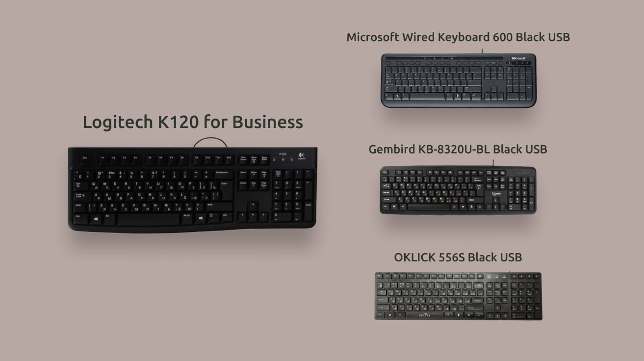 Коллаж из четырёх самых дешевых клавиатур: Logitech K120, Microsoft Wired Keyboard 600, Gembird KB-8320U-BL и OKLICK 556S Black USB.