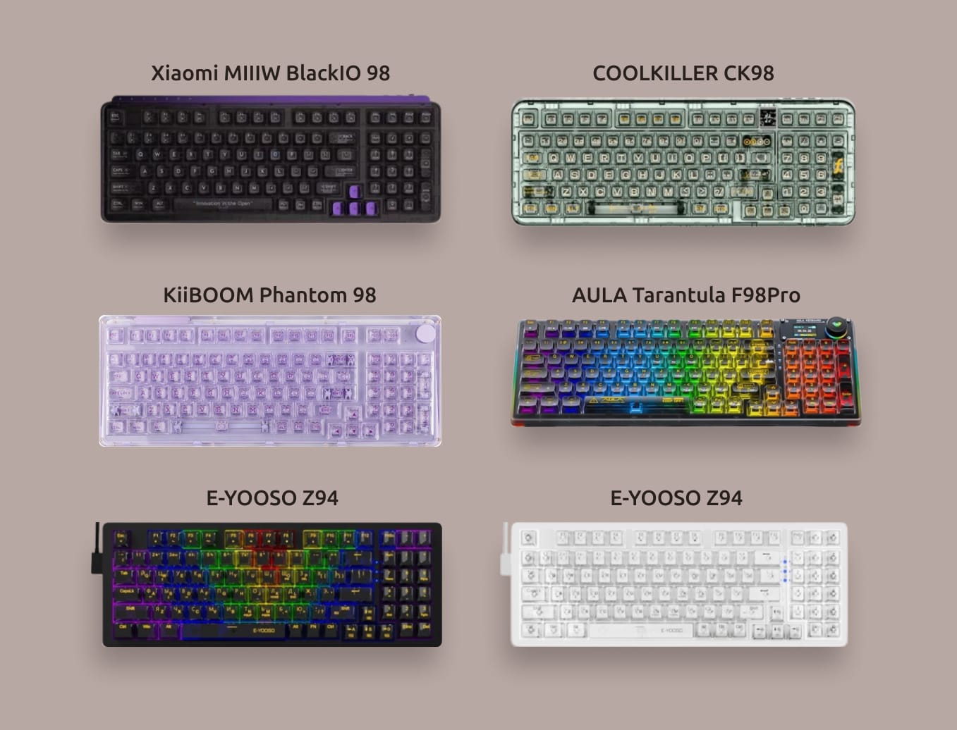 Коллаж из прозрачных механических клавиатур 1800 Compact, 980, 98.