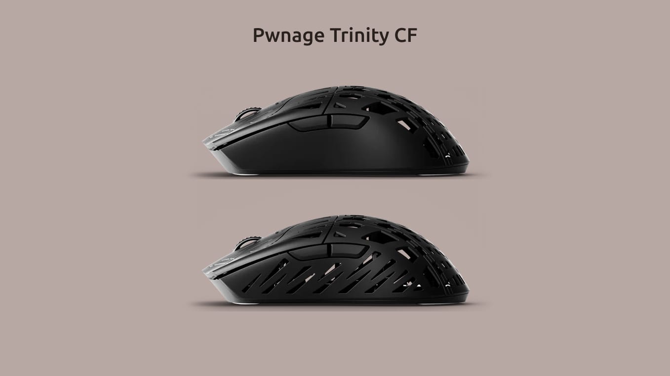 Вид с торца двух вариантов чёрной Pwnage Trinity CF — с отверстиями по бокам и без них.