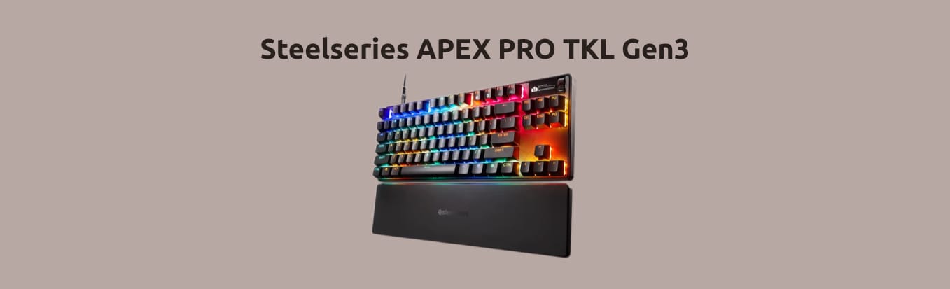 Изображение Steelseries APEX PRO TKL Gen3 с подставкой для запястий и включённой RGB-подсветкой.