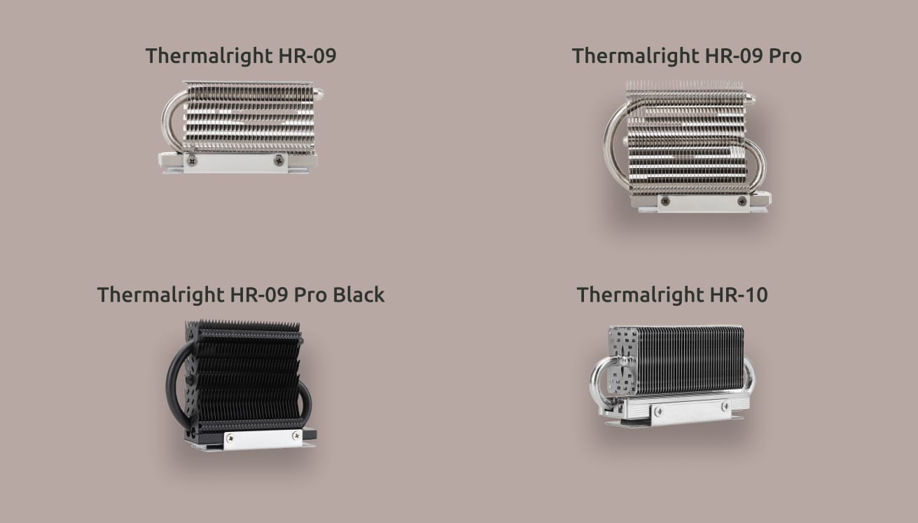 Изображения радиаторов Thermalright HR-09, Thermalright HR-09 Pro, Thermalright HR-09 Pro Black и Thermalright HR-10.