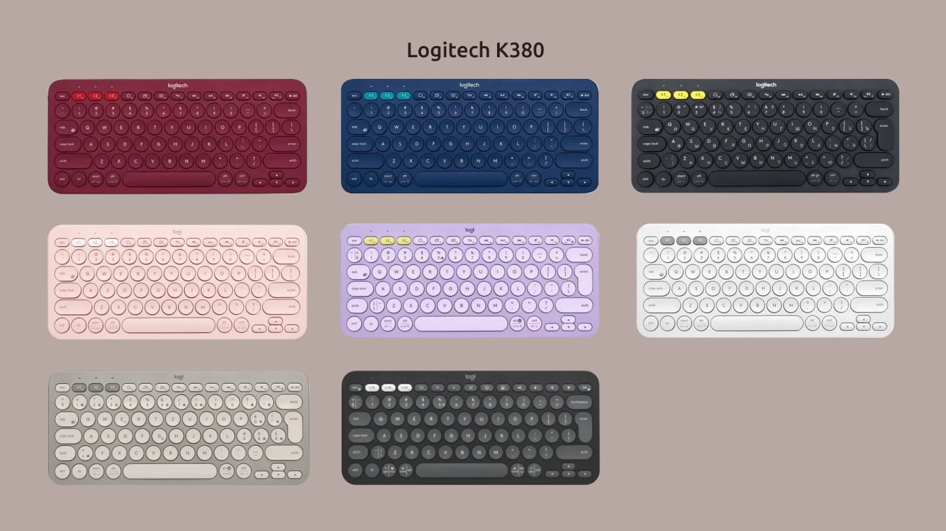 Коллаж из различных расцветок клавиатуры Logitech K380.