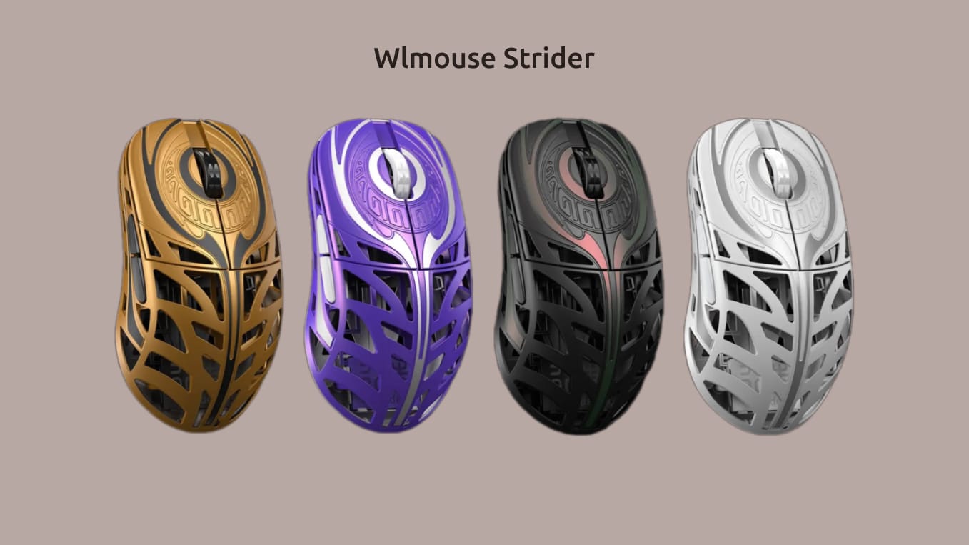 Изображение мышек Wlmouse Strider в четырёх вариантах цвета.
