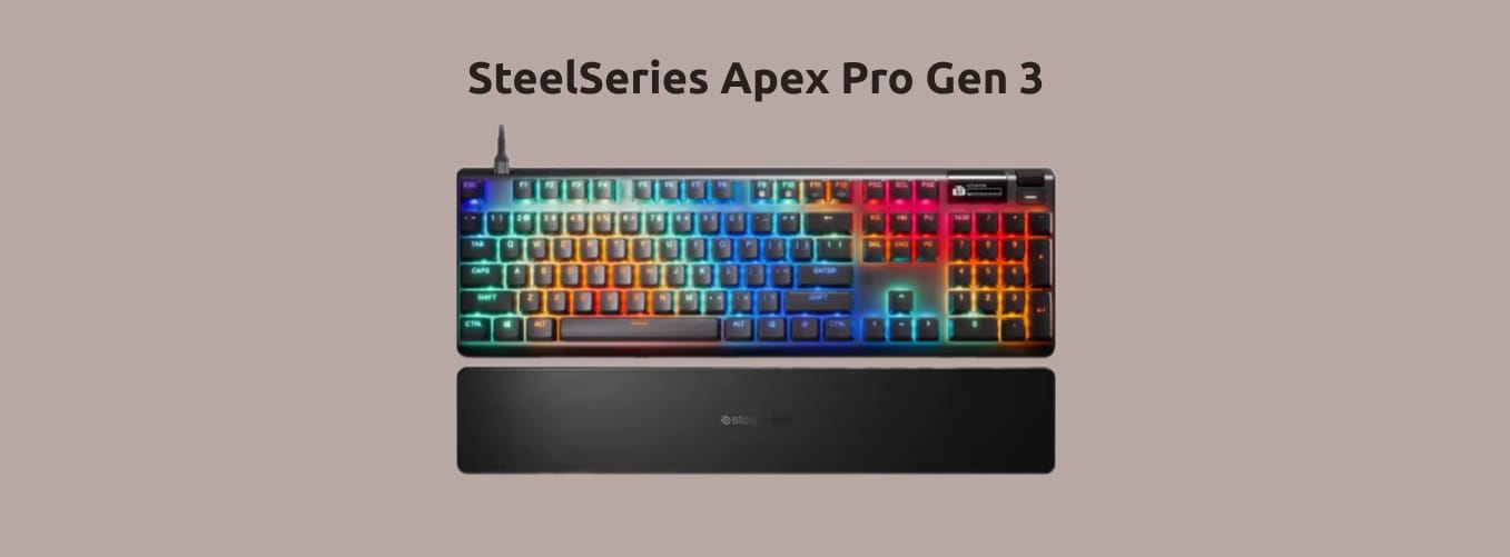 Полноразмерная аналоговая клавиатура SteelSeries Apex Pro Gen 3 на монохромном фоне.