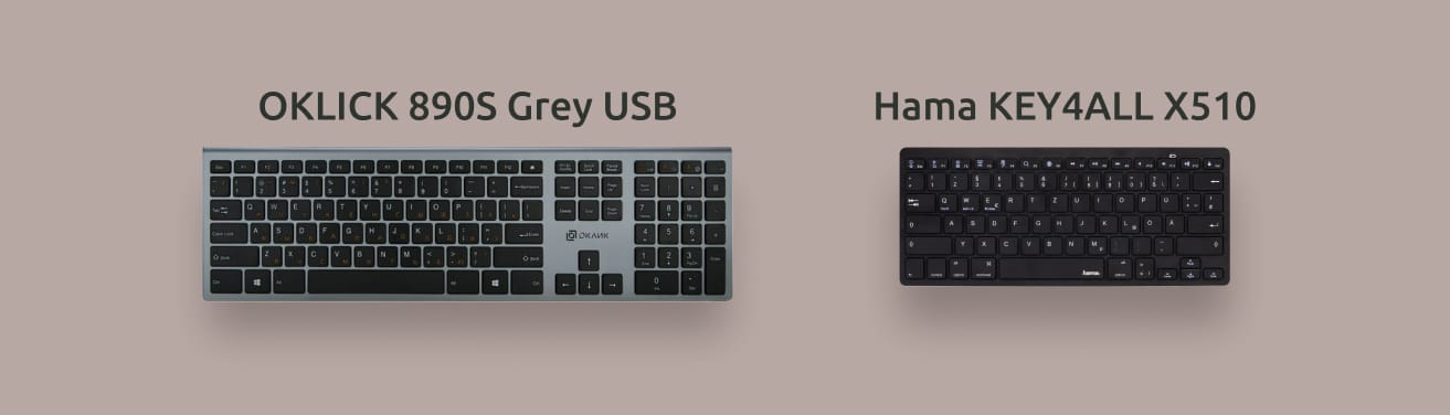 Коллаж из двух недорогих беспроводных клавиатур: OKLICK 890S Grey USB и Hama KEY4ALL X510.