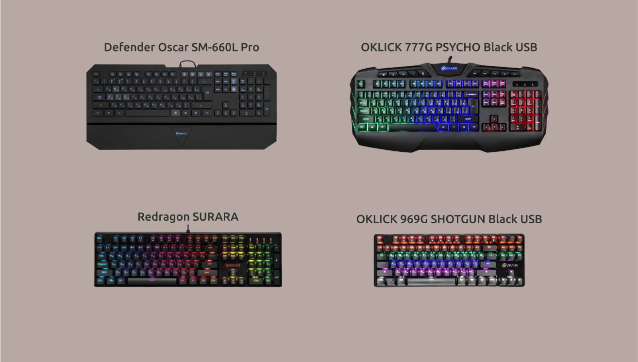 Бюджетные клавиатуры для игр: Defender Oscar SM-660L Pro, OKLICK 777G PSYCHO, Redragon Surara и OKLICK 969G SHOTGUN.