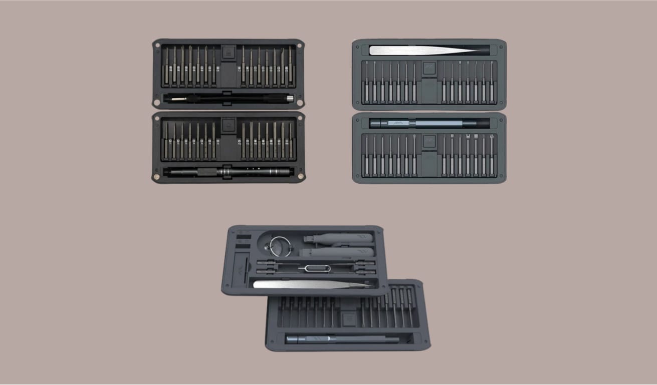 Коллаж из трёх наборов отвёрток для точных работ: Kranz RA-02, JIMIHOME JM-GNT26 и JIMIHOME JM-GNT30.
