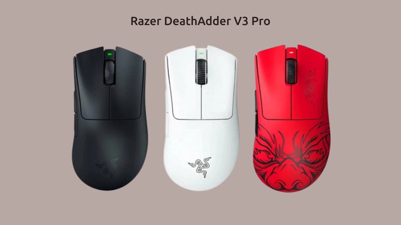 Razer DeathAdder V3 Pro в белом, чёрном и красном цветах корпуса.