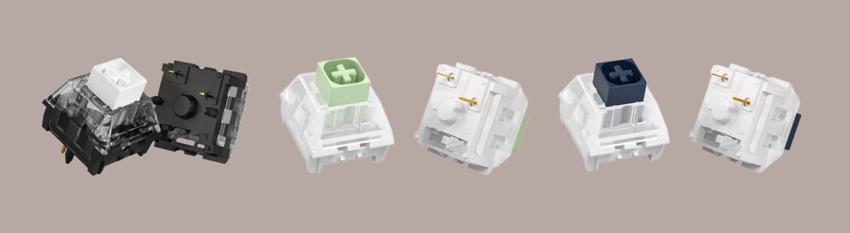 Kailh Box White V2, Box Jade и Box Navy на однотонном фоне.