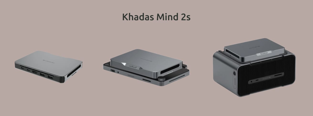 Изображение на монохромном фоне мини-компьютера Khadas Mind 2s.