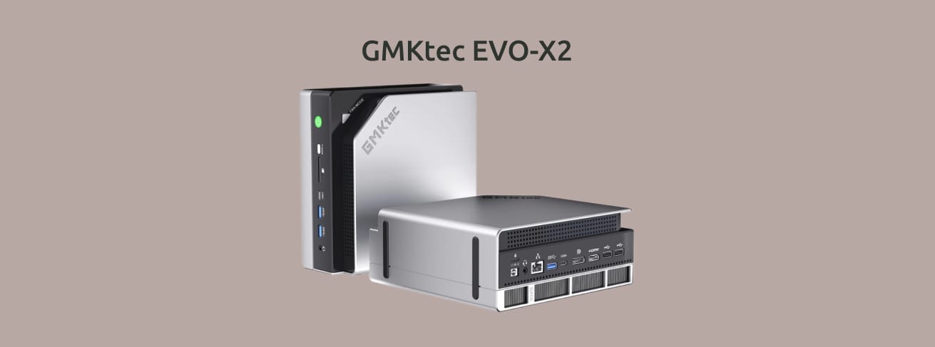 Изображение на монохромном фоне производительного мини-ПК GMKtec EVO-X2.