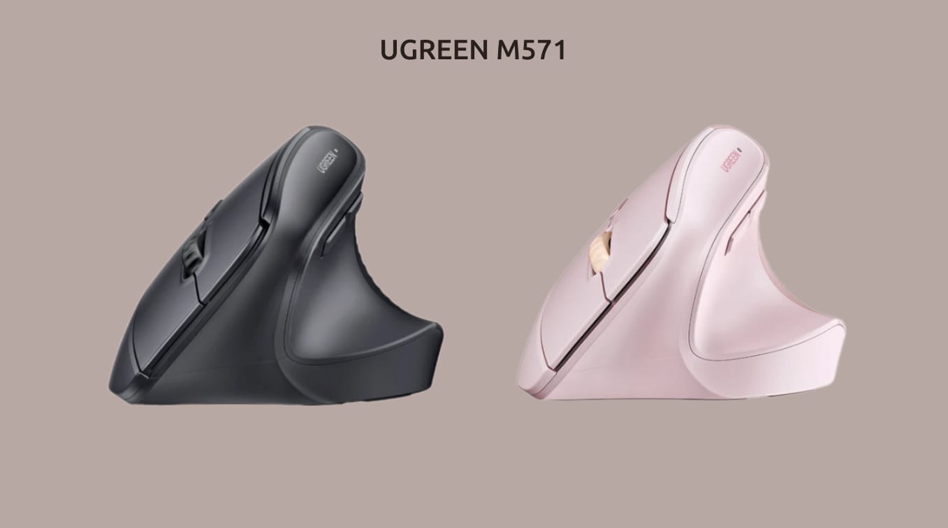 UGREEN M571 в сером и розовом цветах на монохромном фоне.