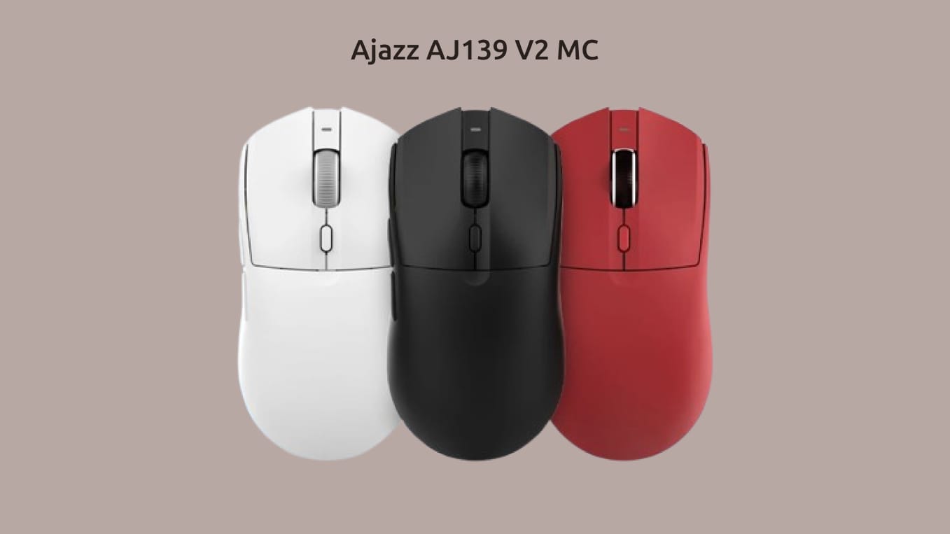 AJAZZ AJ139 V2 МС в трёх цветовых решениях на монохромном фоне.