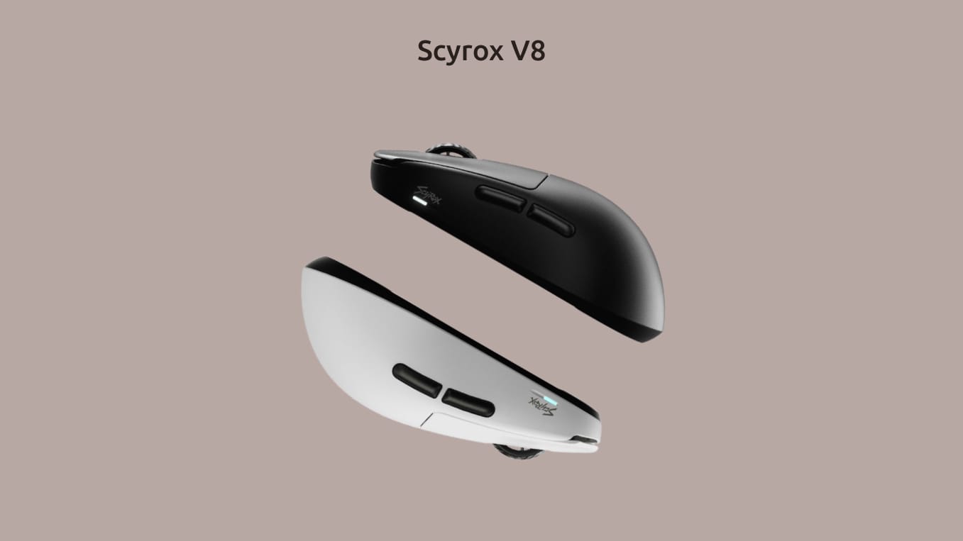 Изображения белой и чёрной Scyrox V8 на однотонном фоне.