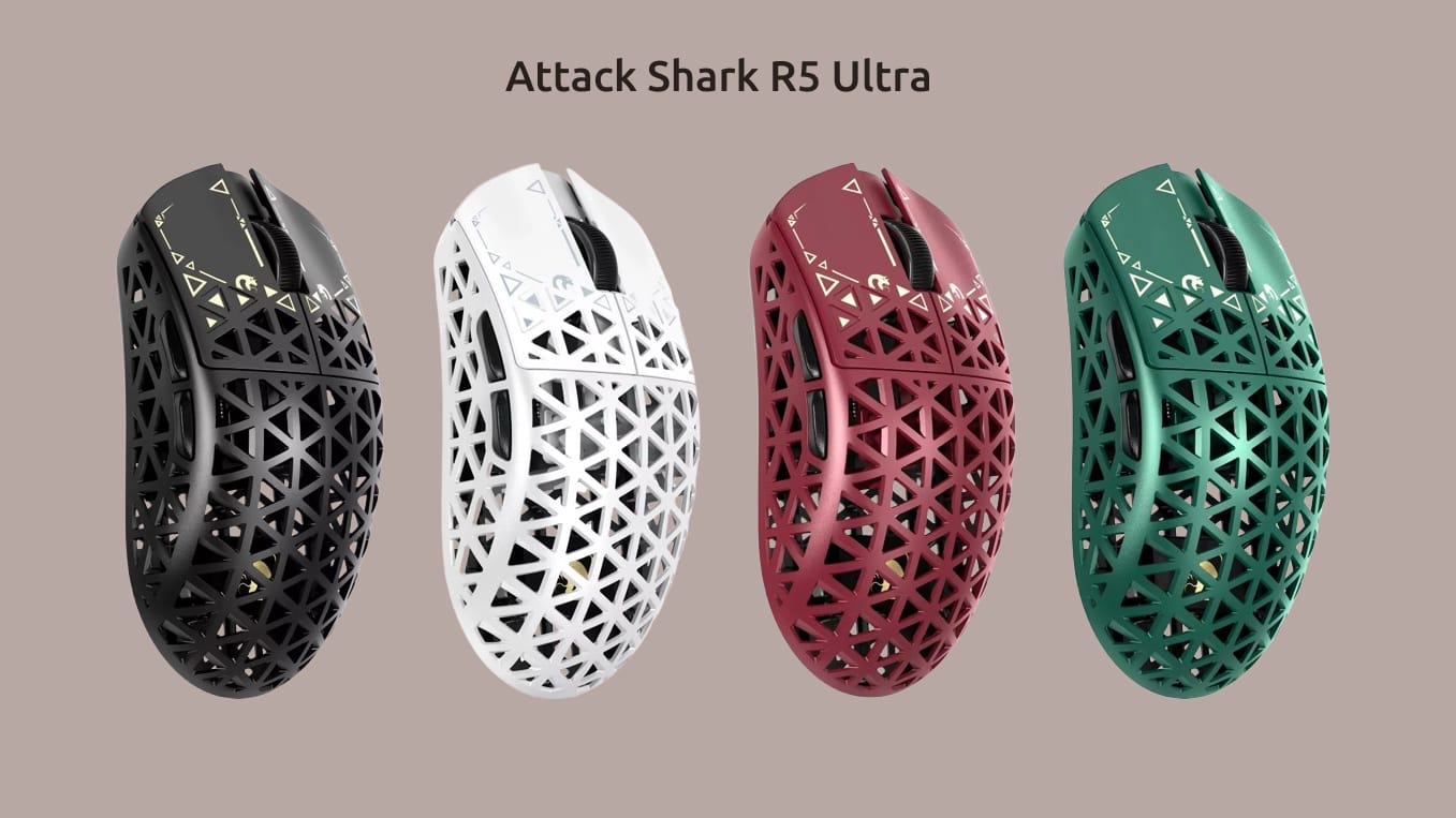 Attack Shark R5 Ultra в чётырёх вариантах цвета углепластикового корпуса с отверстиями.