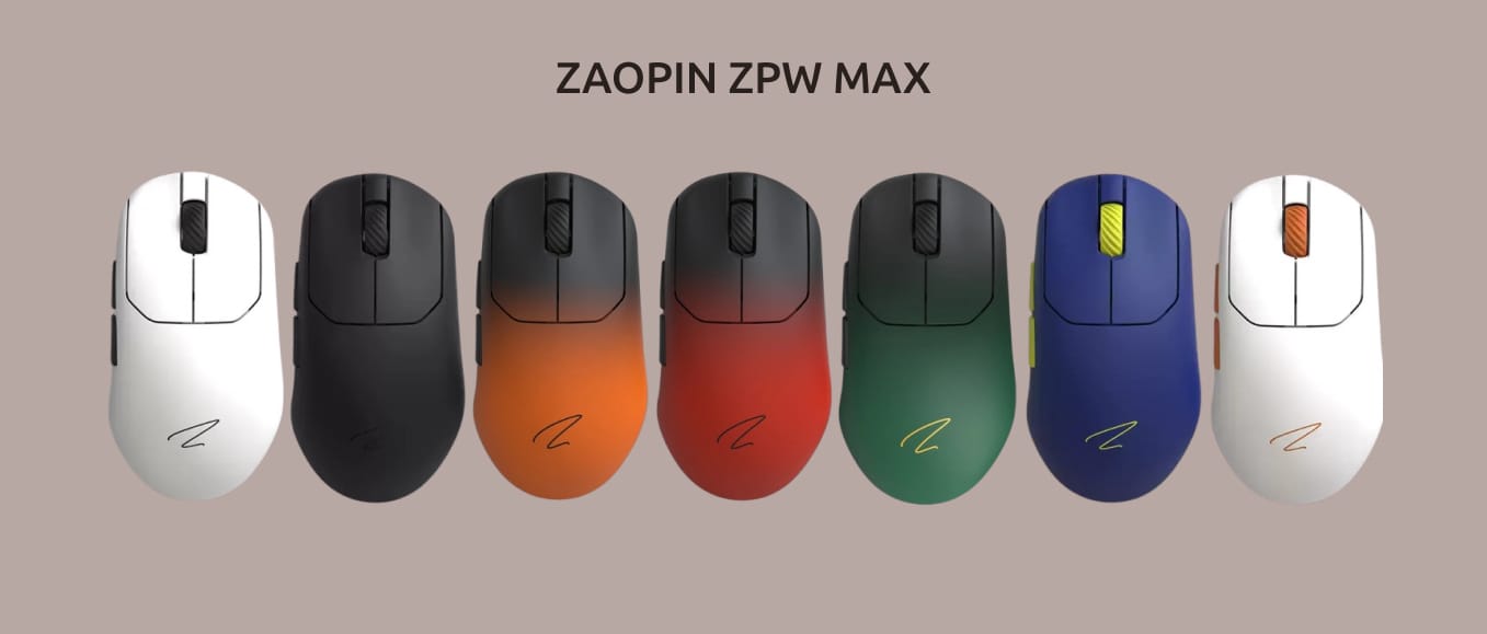 Изображение четырёх монохромных и трёх градиентных вариантов мышки ZAOPIN ZPW MAX.