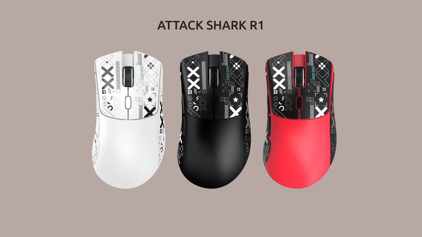 Изображение трёх цветовых вариантов эргономичной мыши для игр ATTACK SHARK R1.