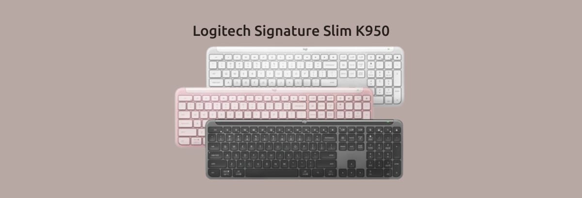 Logitech Signature Slim K950 на монохромном светло-коричневом фоне.