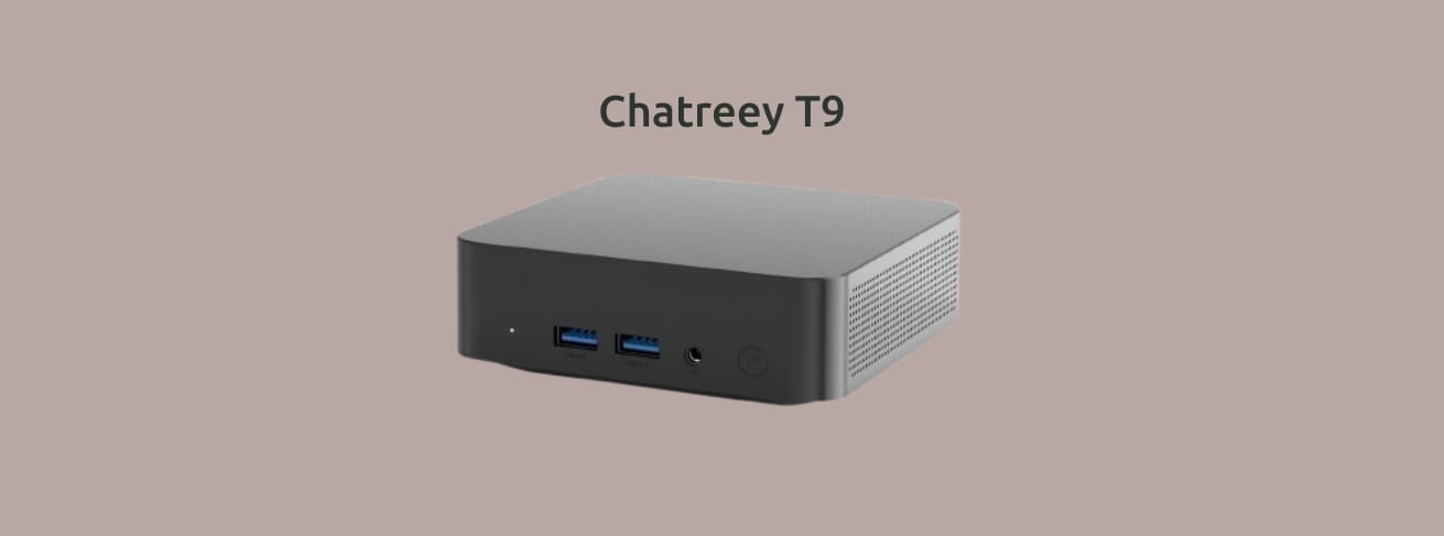 Изометрическое изображение мини ПК Chatreey T9 на монохромном фоне.