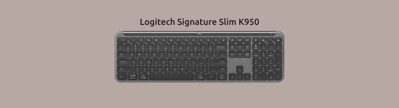 Вид сверху на однотонном фоне клавиатуры Logitech Signature Slim K950.
