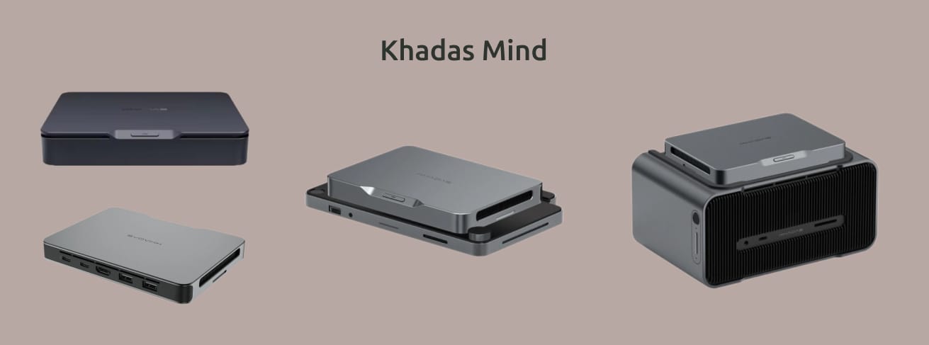 Изображение на монохромном фоне мини-компьютеров Khadas Mind и их модулей.