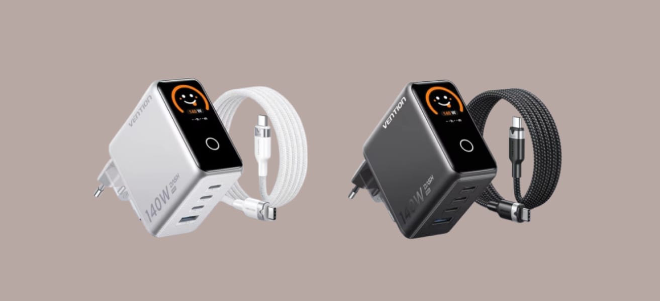 Vention 140W GaN с кабелем в тёмном и светлом вариантах цвета корпуса.